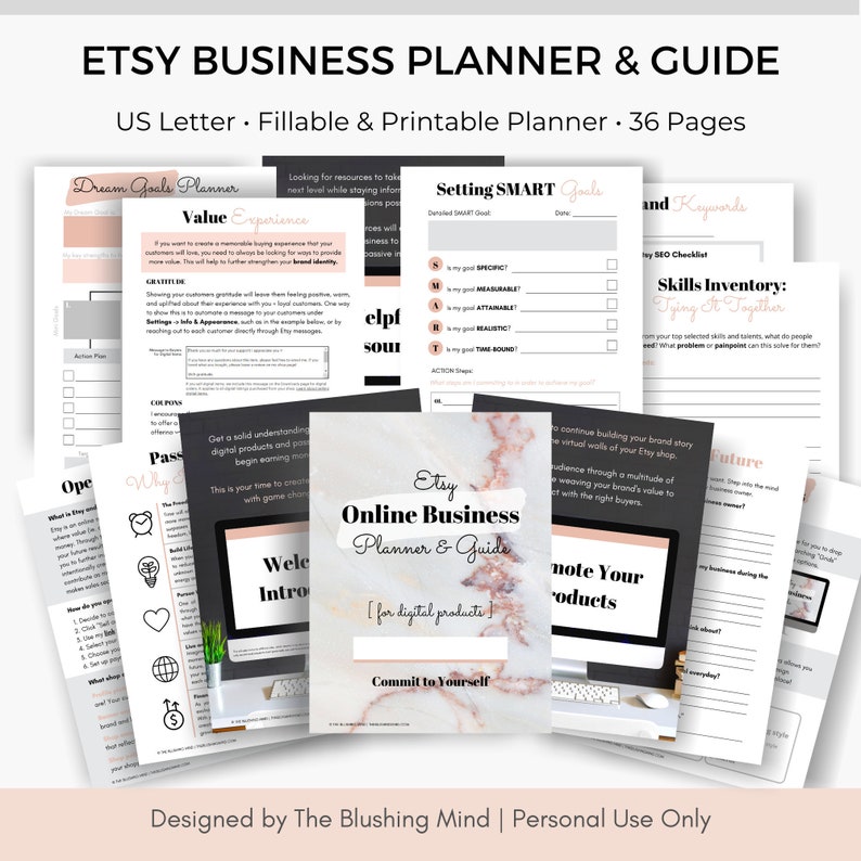 K&ouml;nnte beinhalten: Ein Etsy Business Planner & Guide im US Letter-Format mit 36 Seiten. Das Cover zeigt den Text "Etsy Online Business Planner & Guide" und "Commit to Yourself". Die Seiten enthalten Abschnitte f&uuml;r die Zielsetzung, SEO-Checklisten und die Bestandsaufnahme von F&auml;higkeiten.