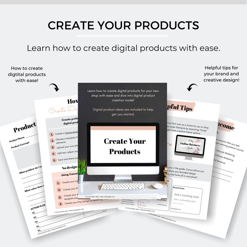 K&ouml;nnte beinhalten: Ein Desktop-Computer mit der Aufschrift "Create Your Products" auf dem Bildschirm. Umgeben ist der Computer von mehreren Papierbl&auml;ttern mit Text und Grafiken, die Tipps zur einfachen Erstellung digitaler Produkte bieten.