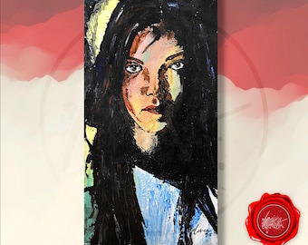 Original acrylic portrait of a woman's face, figurative art on canvas, modern impressionist style, vibrant colors, handmade painting