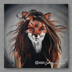 Fox-vrouwenportret, mythisch. Origineel acrylschilderij op doek.