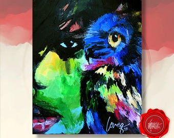 Donna gufo colorata, dipinto originale acrilico su tela, opera d'arte da parete, opera figurativa contemporanea, piccolo formato da collezione