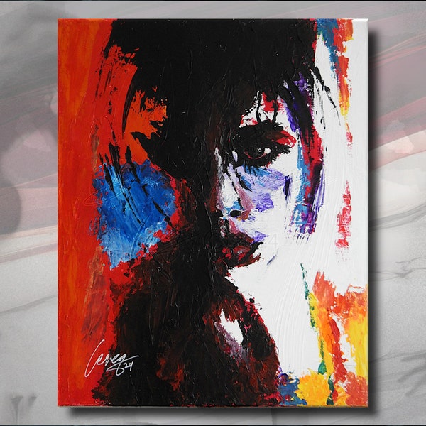 Portrait abstrait, visage de femme. Tableau peinture originale fait main, œuvre unique acrylique sur toile.