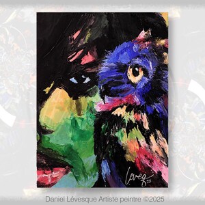 Zeer kleurrijke vrouw en uilen. Origineel acrylschilderij op canvas.