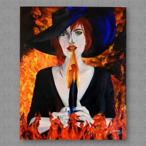 Portret van een vrouw in vlammen. Origineel acrylschilderij op doek.