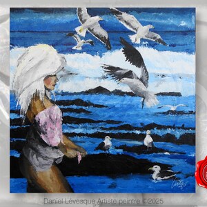 Vrouw en meeuwen zee landschap. Origineel acryl schilderij op canvas.