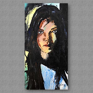 Portret van het gezicht van een enigszins droevige vrouw.  Origineel acrylschilderij op doek.