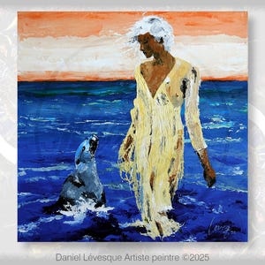 Vrouw en zeehond bij zonsopgang aan de kust. Origineel acrylschilderij op canvas.