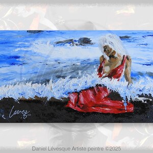 Zeegezicht, vrouw aan de kust. Origineel acrylschilderij op canvas.