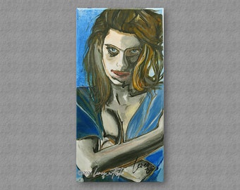 Portrait de femme les bras croisés. Tableau peinture originale acrylique sur toile.