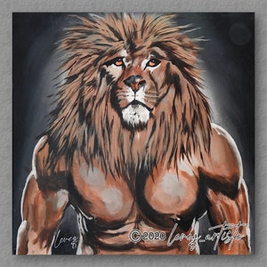 Löwenmann-Porträt, mythisch. Originales Acrylgemälde auf Leinwand.