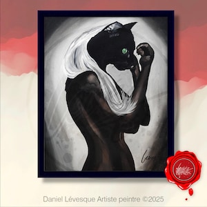 Portrait of a panther woman, mythical. Original acrylic painting on canvas.