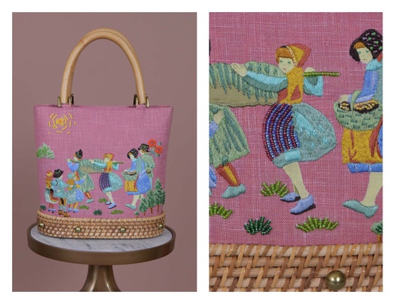 Anna Sui Embroidered Pilgrim Canvas & Wicker Handb