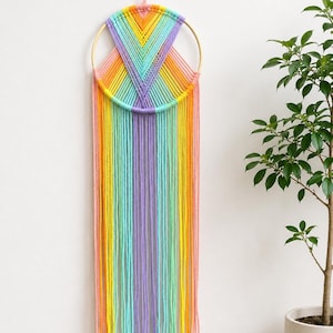 Pastel Rainbow Macrame Wall Hanging – Geometric Yarn Hoop Tapestry, Boho Nursery Decor