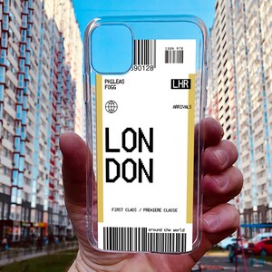 LONDON Custom City Name Plane Ticket Case Impact Baggage Tag Travel Passport Clear Phone Case Cover for iPhone 16 Pro Max X XS XR Max