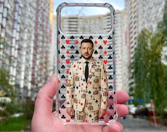 Zelensky Playing Card Suit Phone Case, Ukraine President Pop Art Cover for iPhone 15 16 17 Pro Max, Funny Political Meme Clear Case