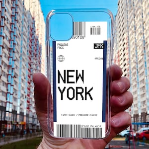 New York Custom City Name Plane Ticket Case Impact Baggage Tag Travel Passport Clear Phone Case Cover for iPhone 16 Pro Max X XS XR Max