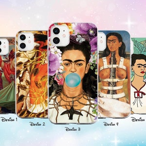 May include: Five different phone case designs featuring artwork of Frida Kahlo. The designs include a self-portrait with a flower crown, a self-portrait with a bubble, a self-portrait with a necklace, a self-portrait with a spine, and a self-portrait with a cat.