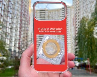 In Case of Emergency Remove Phone Case, Funny Condom Gag Gift Cover for iPhone 17 16 15 Pro Max, Red Sarcastic Joke Clear Case