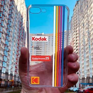 May include: A clear phone case with a colorful stripe design and a 25 film cartridge graphic. The case features the logo and the text "super 8 cartridge".