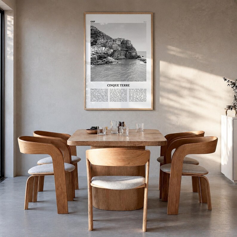 Cinque Terre Poster, Black and White Photo Print, Travel Newspaper Wall Art, Home Decor Premium Natural Wood Frame