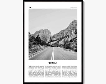 Texas Poster, Black and White Photo Print, Travel Newspaper Wall Art, Home Decor