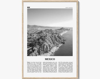 Póster de México en blanco y negro, fotografía de El Arco, arte mural de Cabo San Lucas
