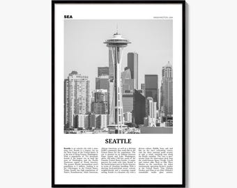 Seattle Poster, Black and White Skyline Photo Print, Travel Newspaper Wall Art