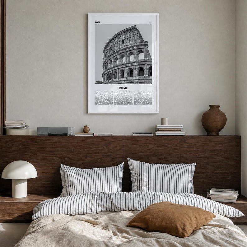 Rome Poster, Black and White Photo Print, Travel Newspaper Wall Art, Home Decor Premium White Wood Frame