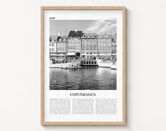 Copenhagen Poster Print, Black and White Nyhavn Wall Art, Denmark