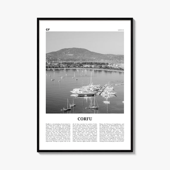 Corfu Poster, Black and White Photo Print, Travel Newspaper Wall Art, Home Decor