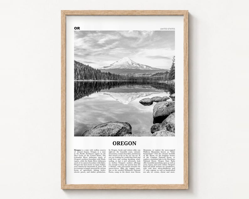Oregon black and white poster print in a natural wood frame on a wall