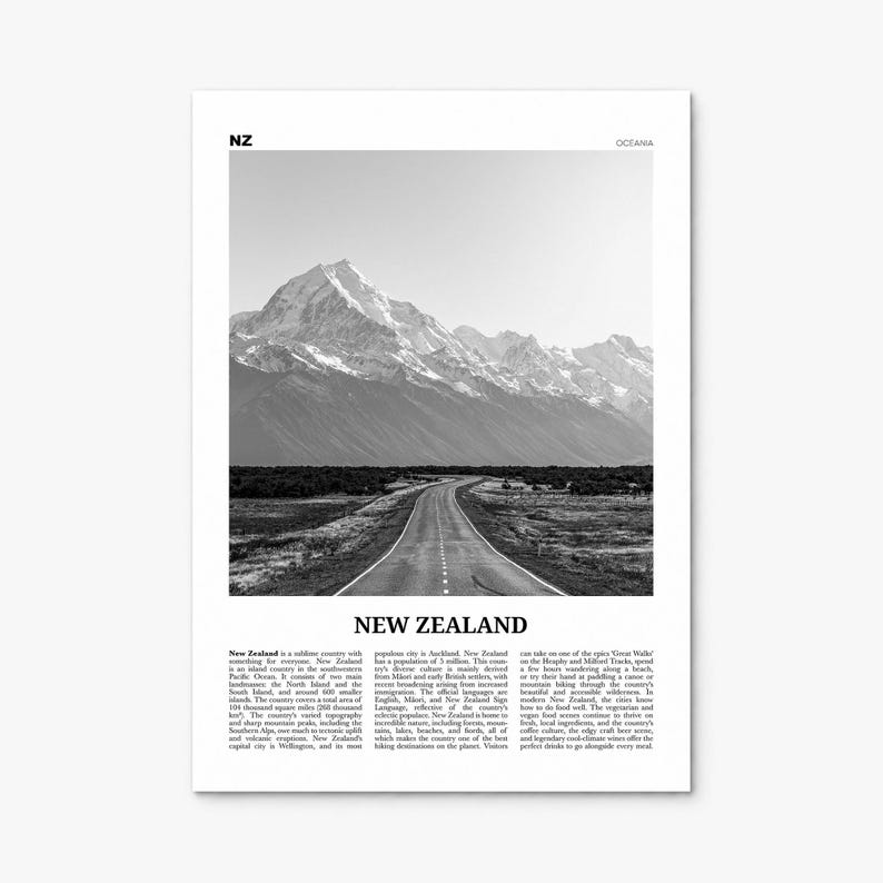 New Zealand Poster, black and white photo print, print only (unframed)