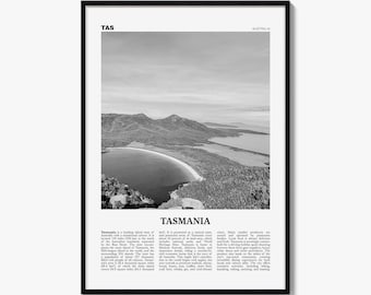 Tasmanië poster, zwart-wit fotoprint, reiskrant muurdecoratie, woondecoratie