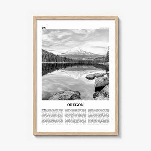 Oregon Poster, black and white lake photo print in a natural wood frame