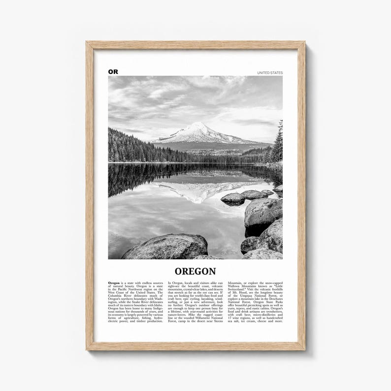 Oregon Poster, black and white lake photo print in a natural wood frame