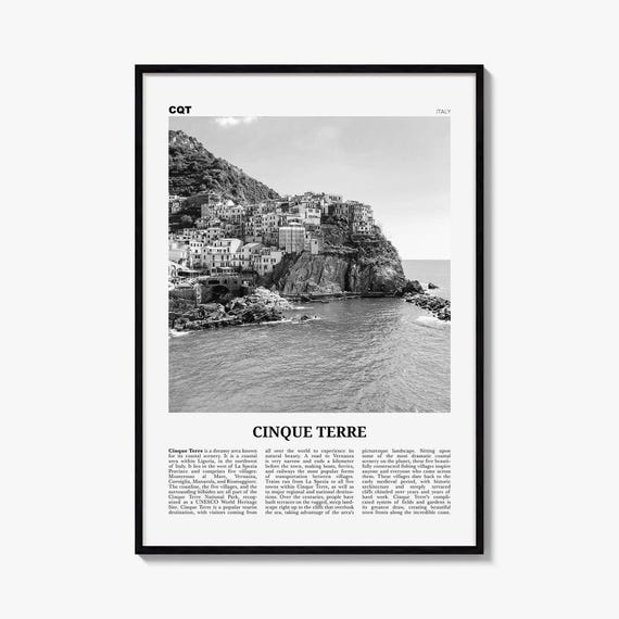 Cinque Terre Poster, Black and White Photo Print, Travel Newspaper Wall Art, Home Decor
