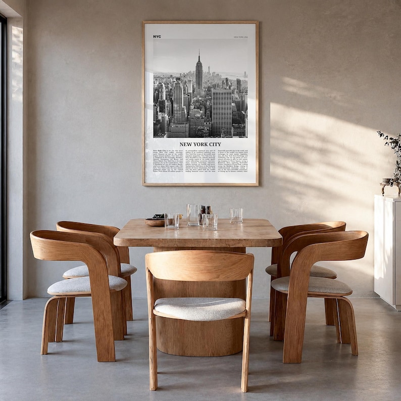 New York City Poster, Black and White Photo Print, Travel Newspaper Wall Art Premium Natural Wood Frame
