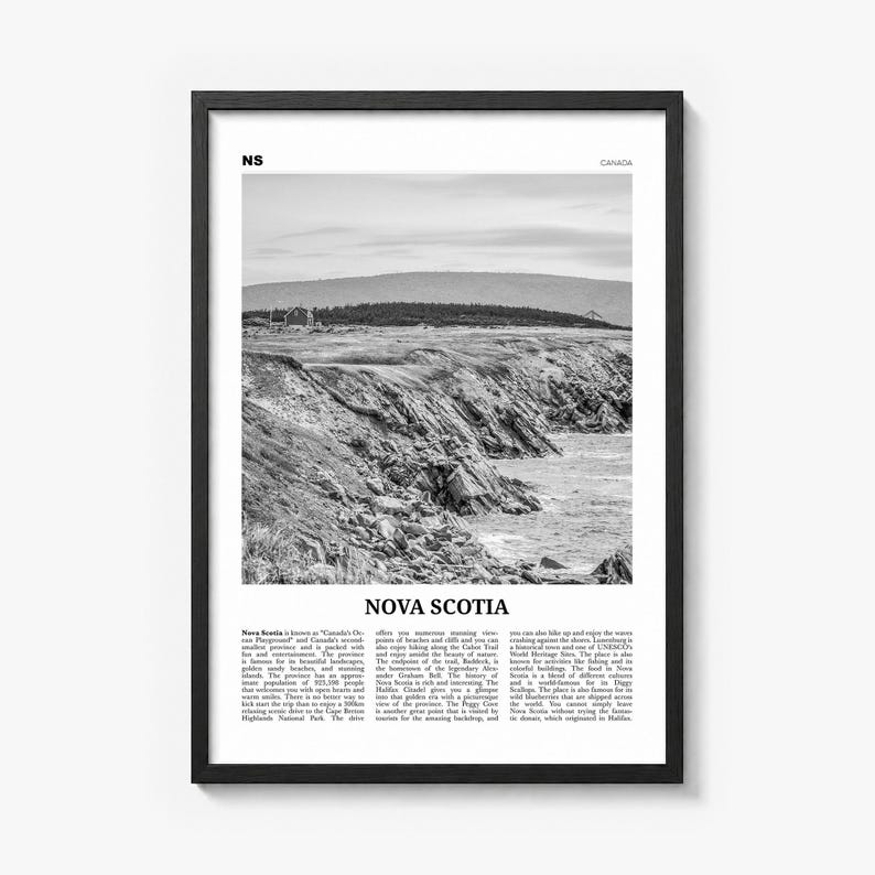 Nova Scotia Poster, black and white photo print in a black wood frame