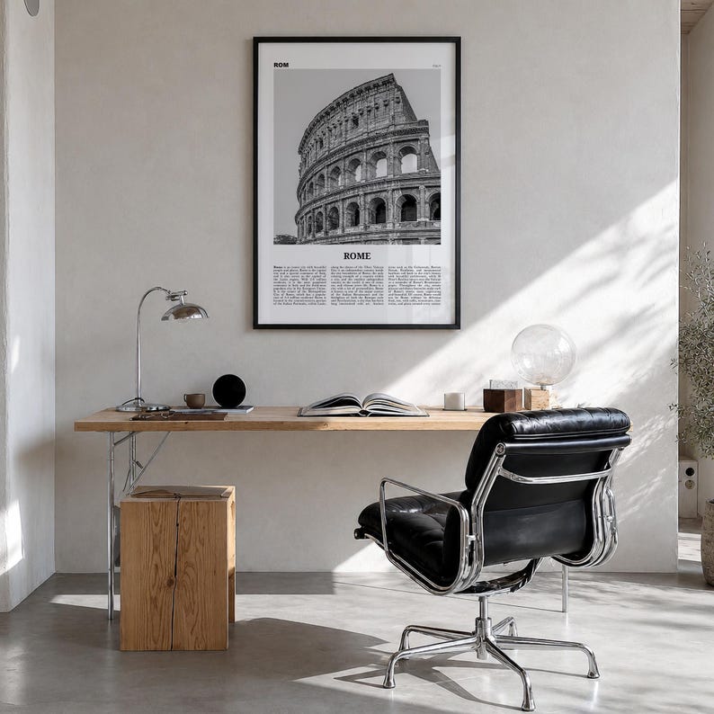 Rome Poster, Black and White Photo Print, Travel Newspaper Wall Art, Home Decor Premium Black Wood Frame