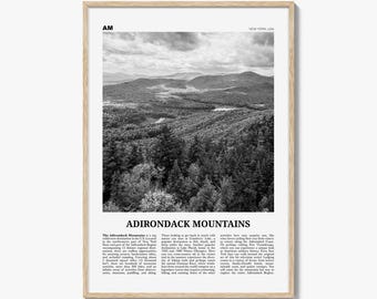 Adirondack Mountains Poster Print Black and White, New York Wall Art, USA Photo