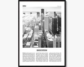 Houston Poster, Black and White Photo Print, Travel Newspaper Wall Art, Home Decor