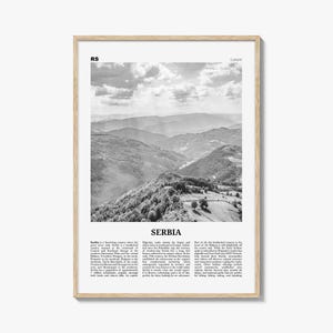 Póster de Serbia en blanco y negro, arte mural de viajes por Europa, fotografía de montañas de los Balcanes