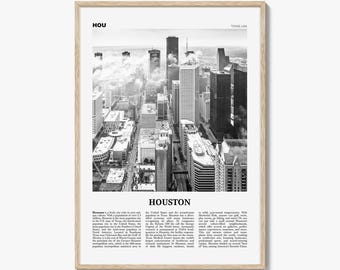 Póster de Houston en blanco y negro, arte mural turístico de Texas, fotografía del horizonte de Houston