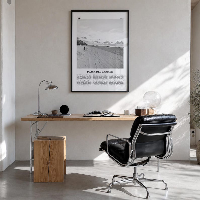 Playa del Carmen Poster, Black and White Photo Print, Travel Newspaper Wall Art Premium Black Wood Frame