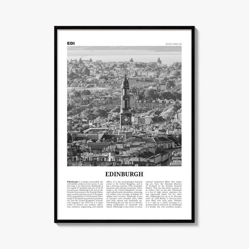 Edinburgh Poster, black and white photo print in a black wood frame