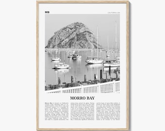 Morro Bay Poster Print Black and White, Morro Rock Photo, California Travel Wall Art
