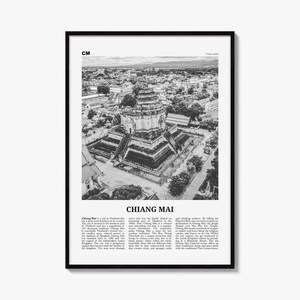 May include: A black and white framed wall art print featuring an aerial view of the Wat Chedi Luang temple in Chiang Mai, Thailand. The print includes the text CM, THAILAND, CHIANG MAI, and a descriptive paragraph about the city's history.