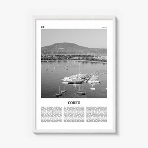 Corfu Poster, black and white photo print in a white wood frame