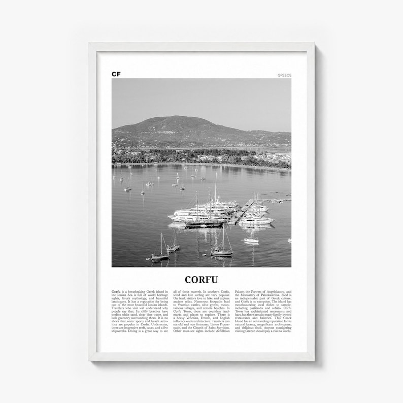Corfu Poster, black and white photo print in a white wood frame