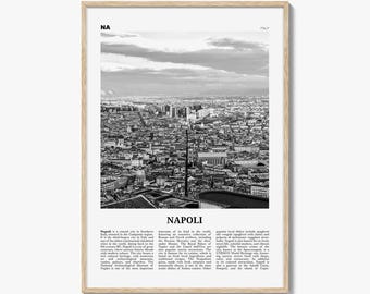 ナポリのポスタープリント（白黒）、イタリア旅行の壁アート、カンパニアの装飾、ナポリのスカイライン
